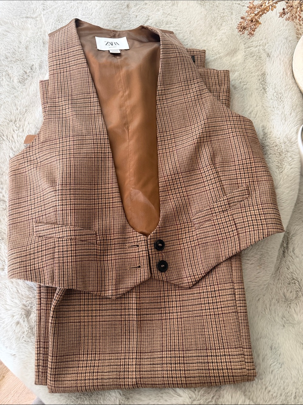 Zara Tan & Brown Glen Plaid Woman’s  Waistcoat Vest and Trousers- Suiting